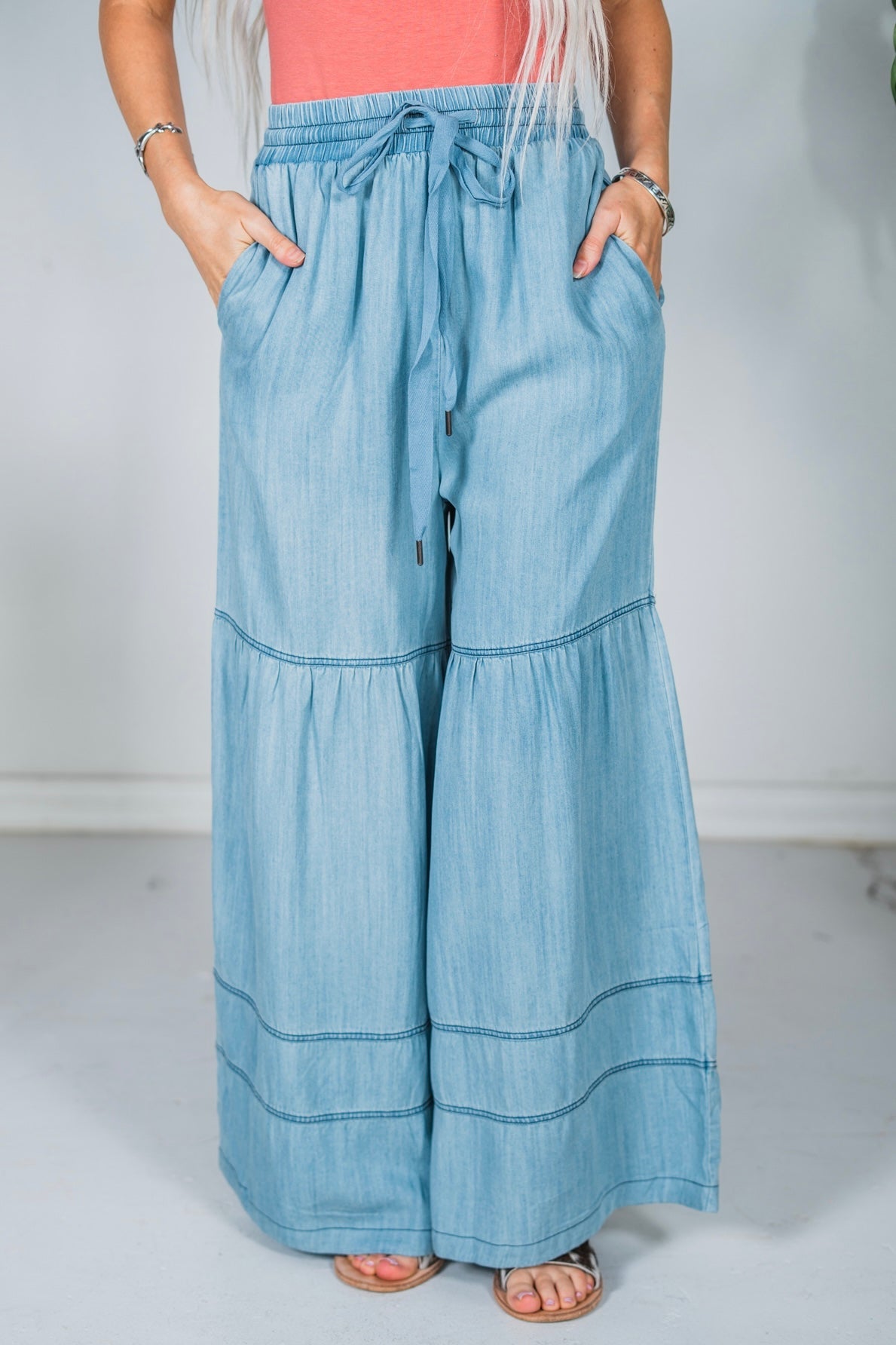 Washed Denim Tiered Wide Leg Pants - Whiskey Skies - ODDI