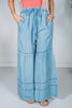 Washed Denim Tiered Wide Leg Pants - Whiskey Skies - ODDI