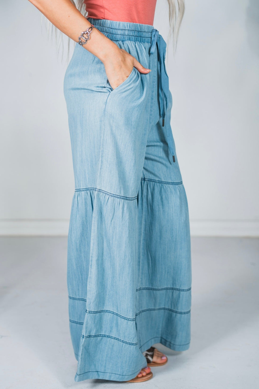 Washed Denim Tiered Wide Leg Pants - Whiskey Skies - ODDI