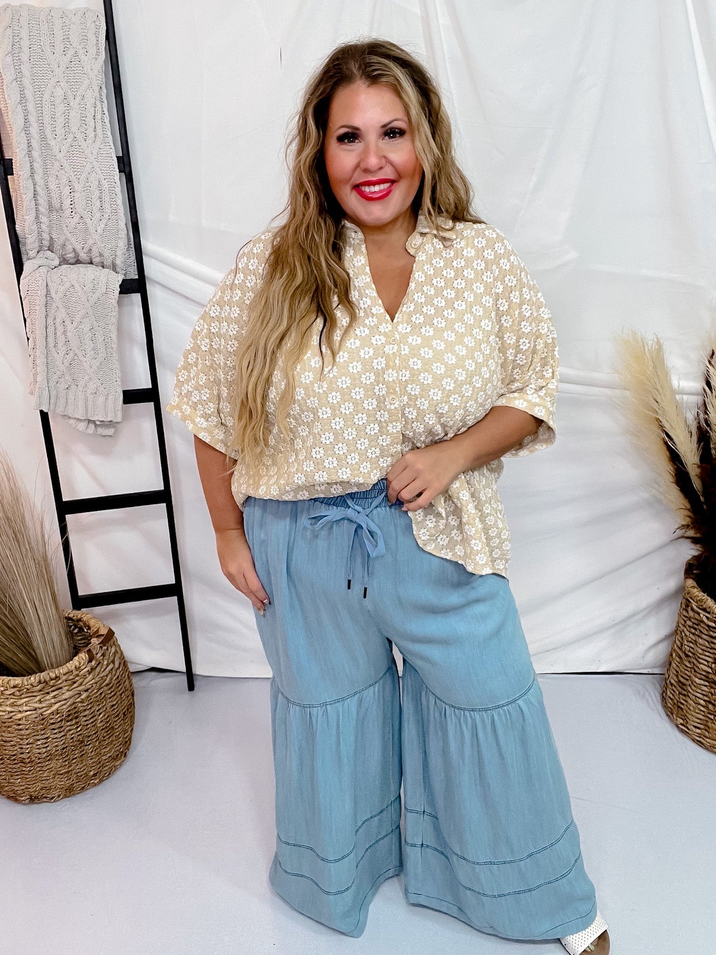 Washed Denim Tiered Wide Leg Pants - Whiskey Skies - ODDI