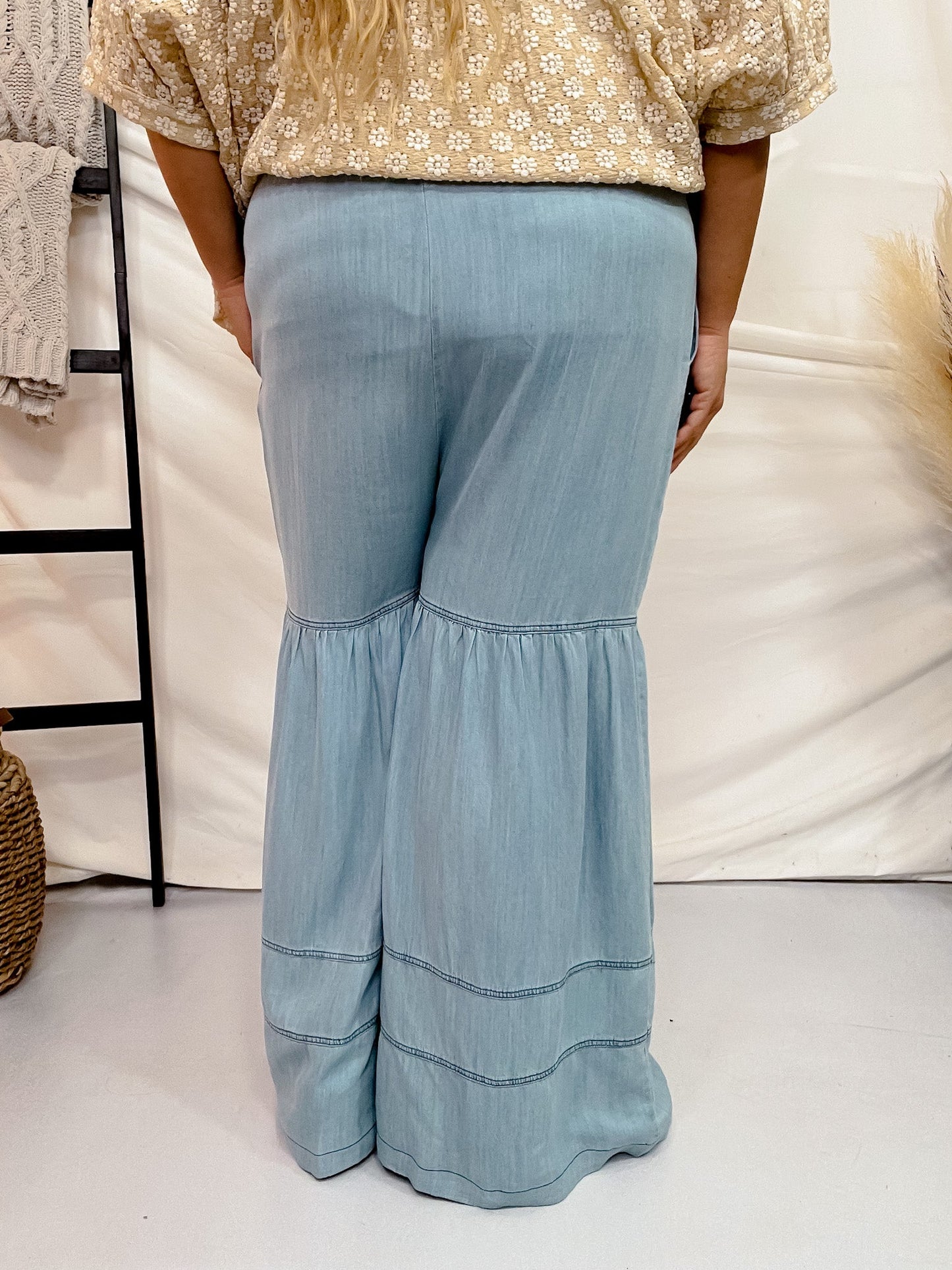 Washed Denim Tiered Wide Leg Pants - Whiskey Skies - ODDI