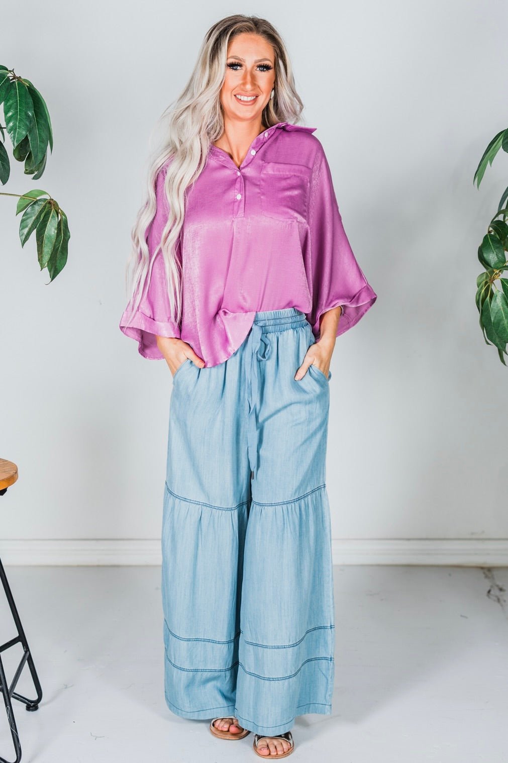 Washed Denim Tiered Wide Leg Pants - Whiskey Skies - ODDI