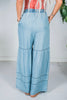 Washed Denim Tiered Wide Leg Pants - Whiskey Skies - ODDI