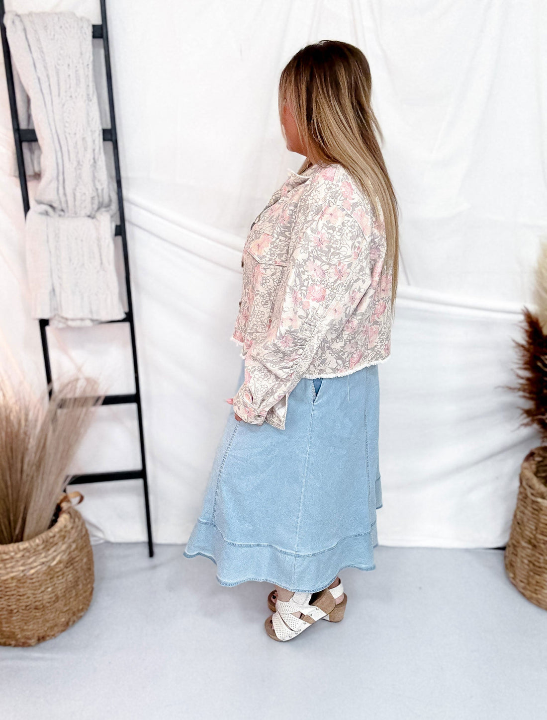 Washed Floral Printed Cropped Denim Jacket - Whiskey Skies - DAVI & DANI