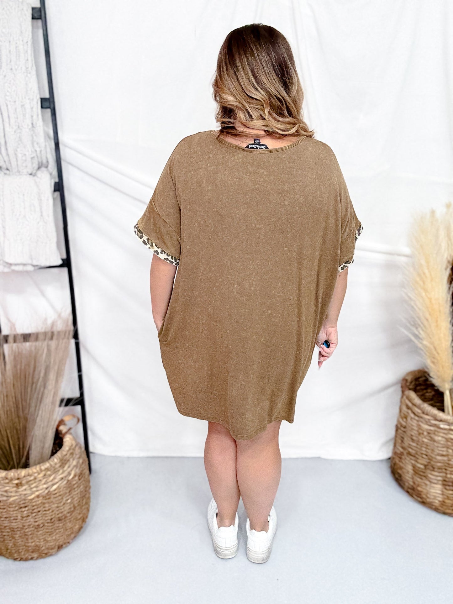 Washed Leopard Denim Star Patch T-Shirt Dress - Whiskey Skies - DAVI & DANI