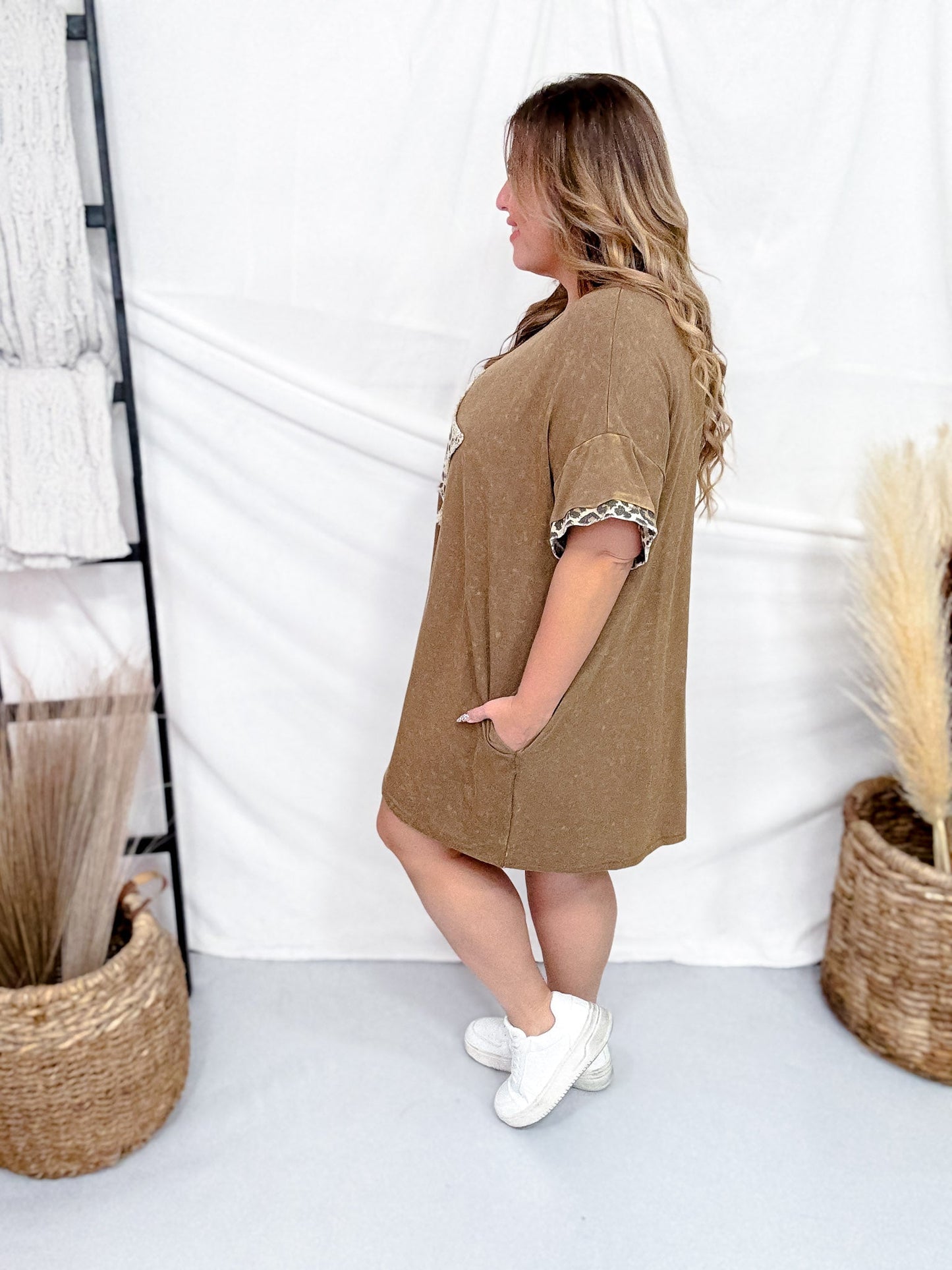 Washed Leopard Denim Star Patch T-Shirt Dress - Whiskey Skies - DAVI & DANI