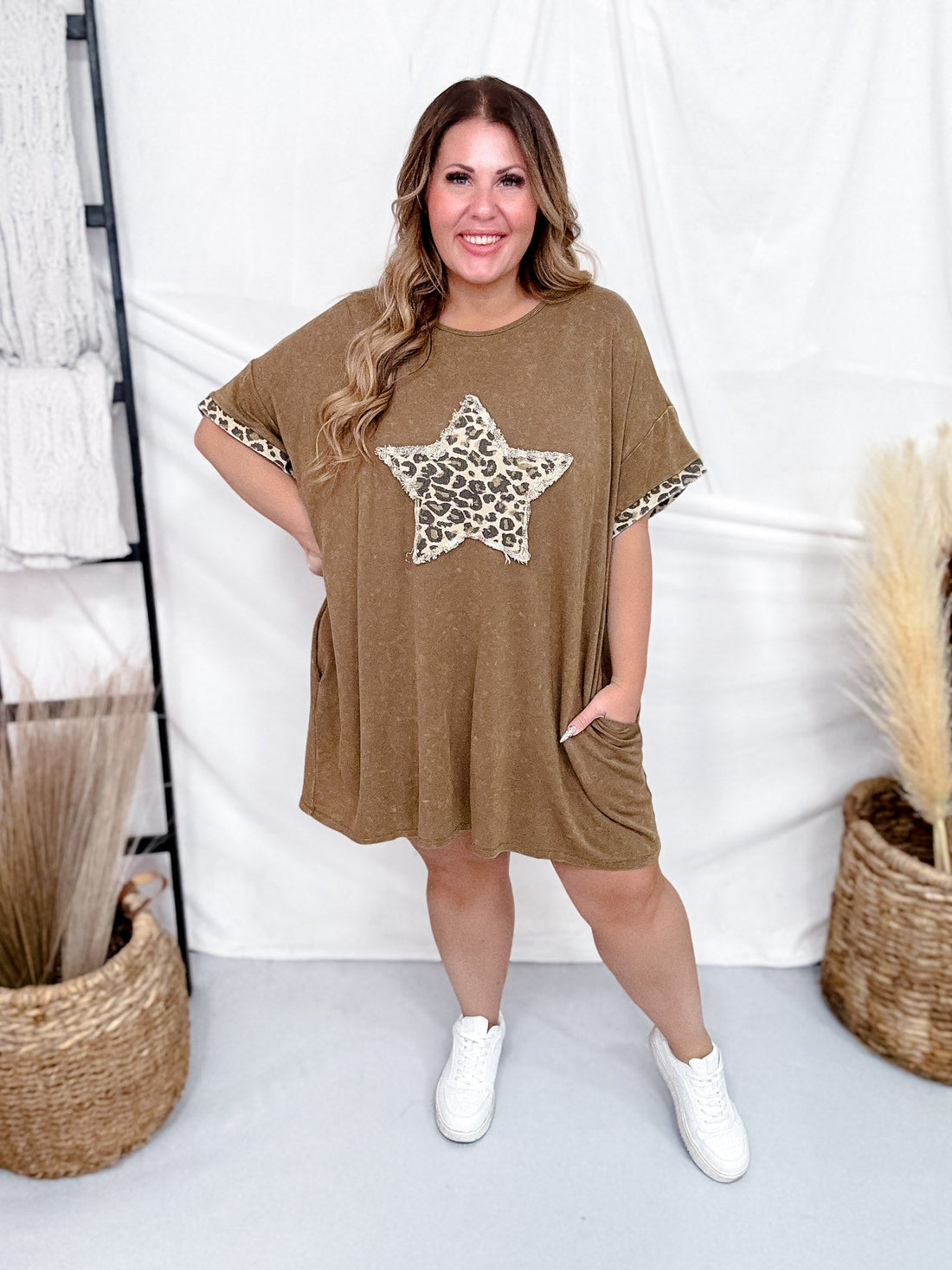 Washed Leopard Denim Star Patch T-Shirt Dress - Whiskey Skies - DAVI & DANI