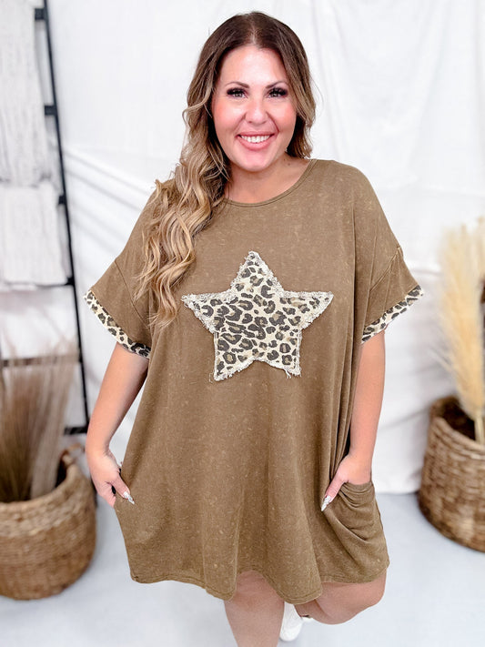 Washed Leopard Denim Star Patch T-Shirt Dress - Whiskey Skies - DAVI & DANI