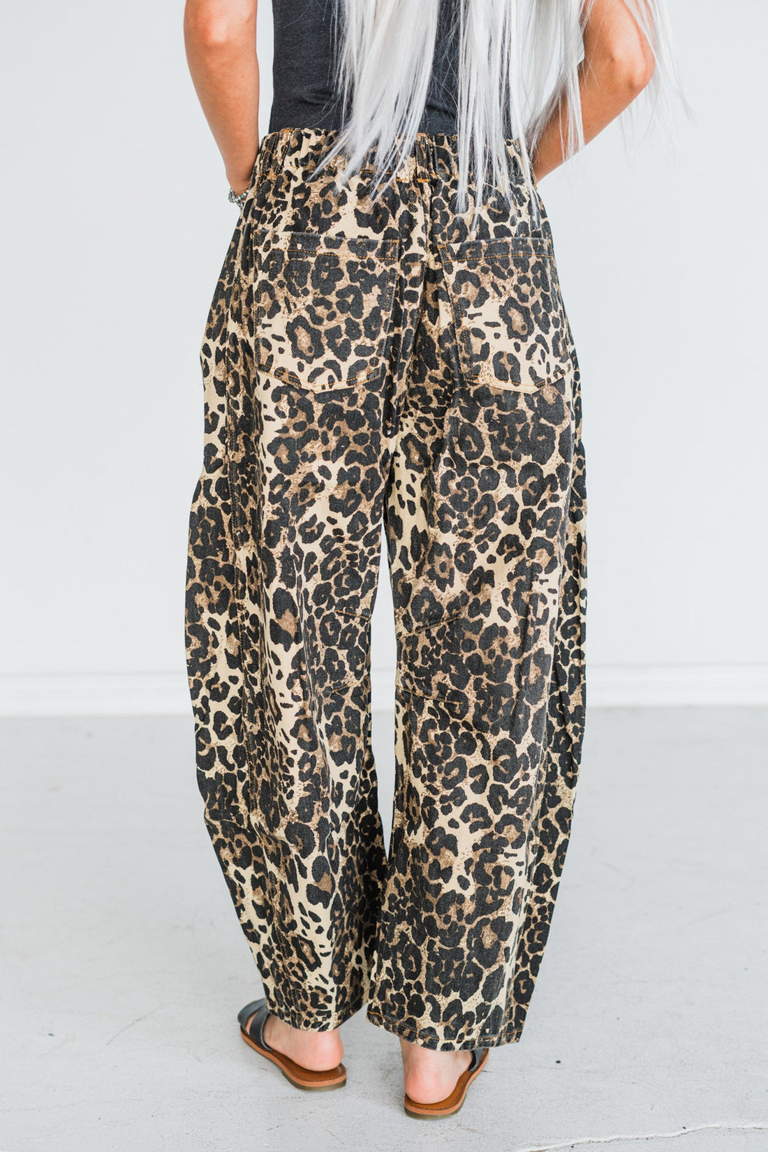 Washed Leopard Printed Barrel Leg Jeans - Whiskey Skies - ODDI