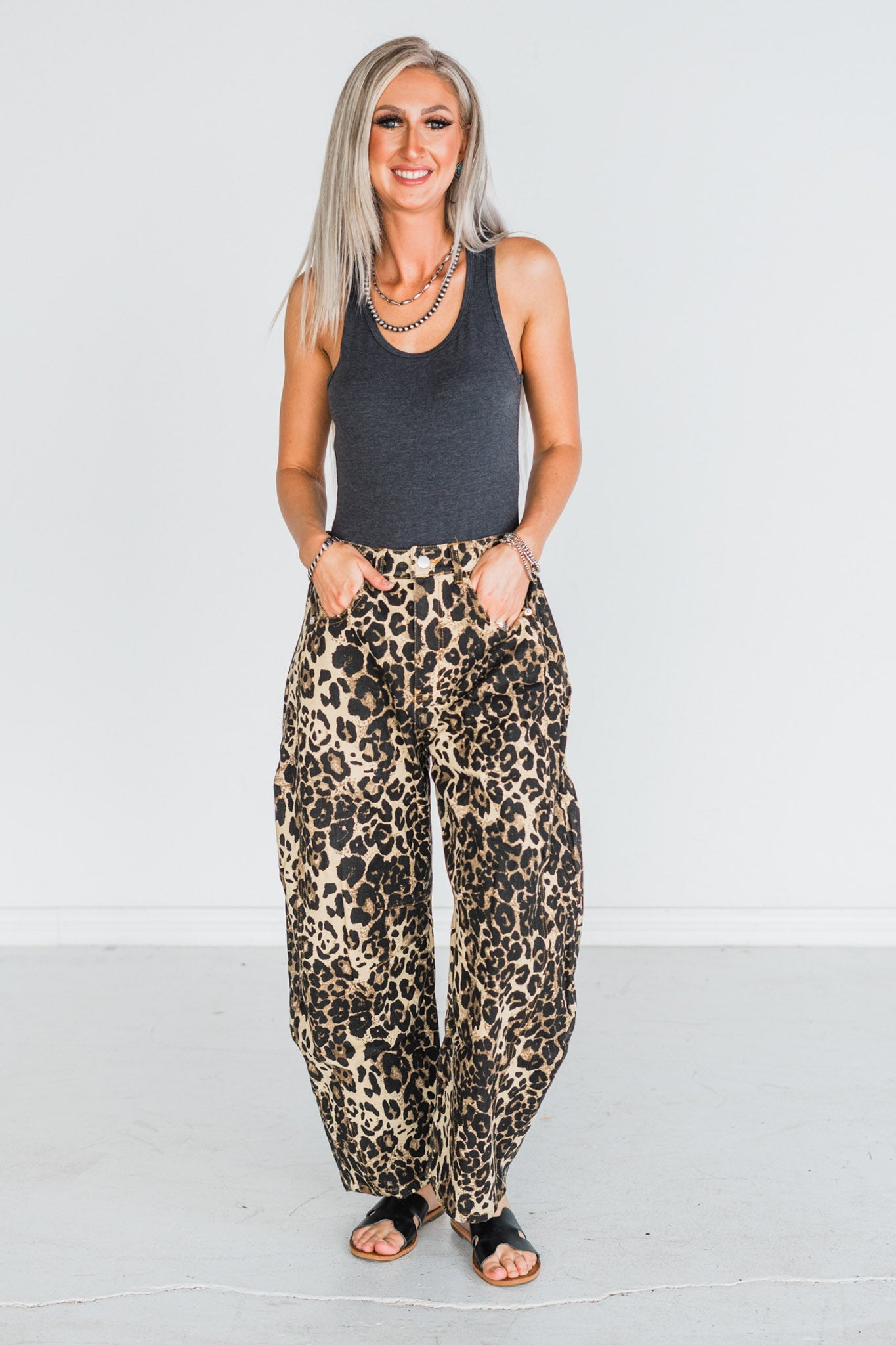 Washed Leopard Printed Barrel Leg Jeans - Whiskey Skies - ODDI