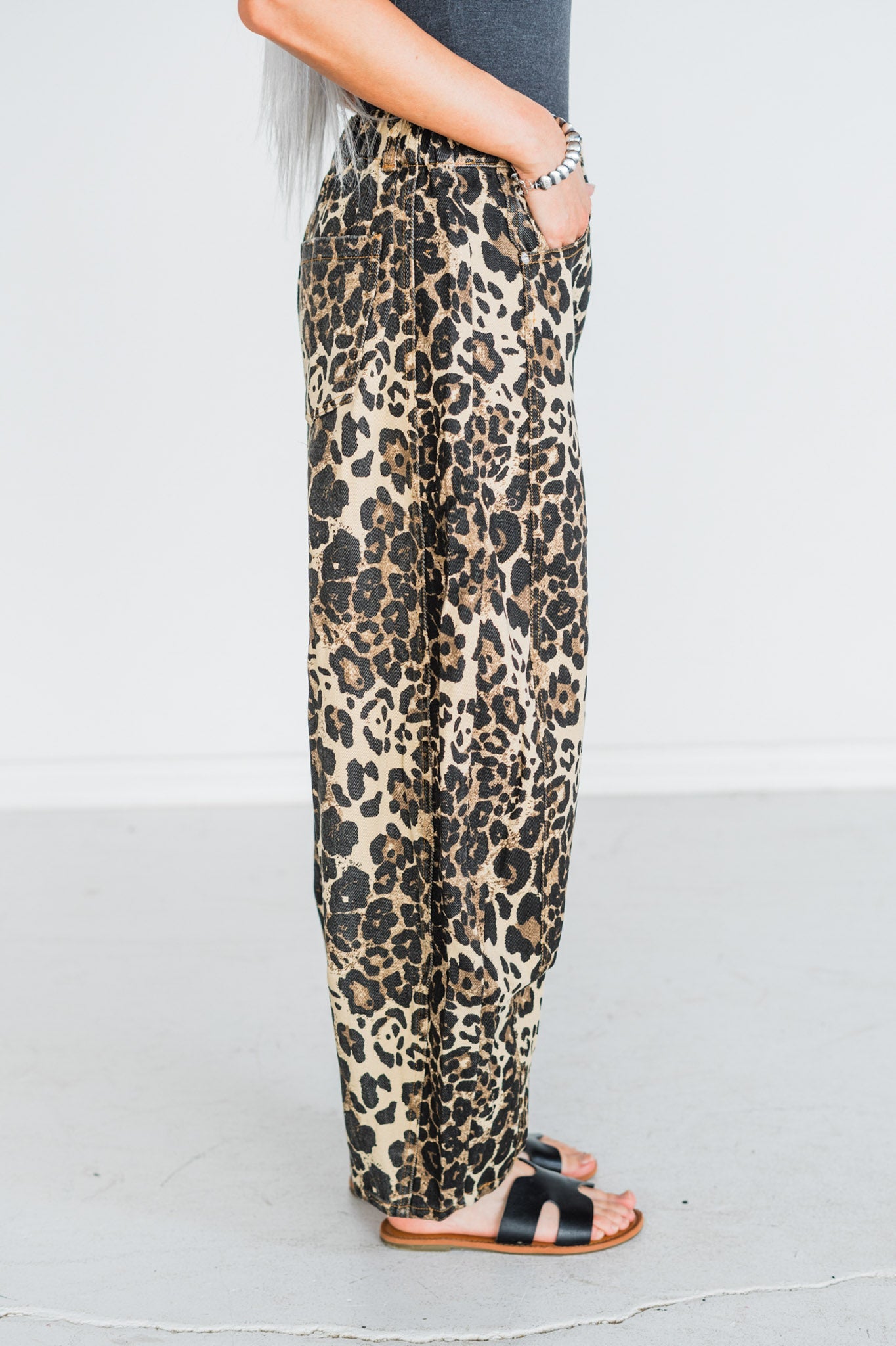 Washed Leopard Printed Barrel Leg Jeans - Whiskey Skies - ODDI