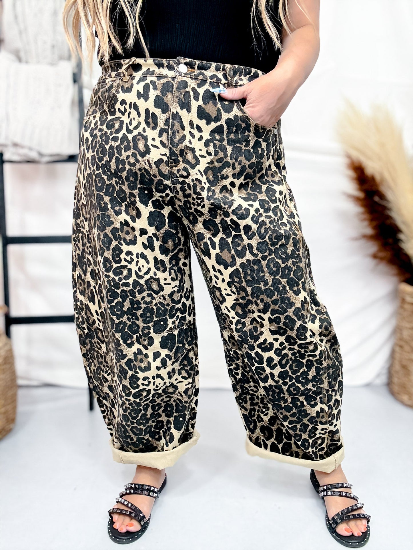 Washed Leopard Printed Barrel Leg Jeans - Whiskey Skies - ODDI
