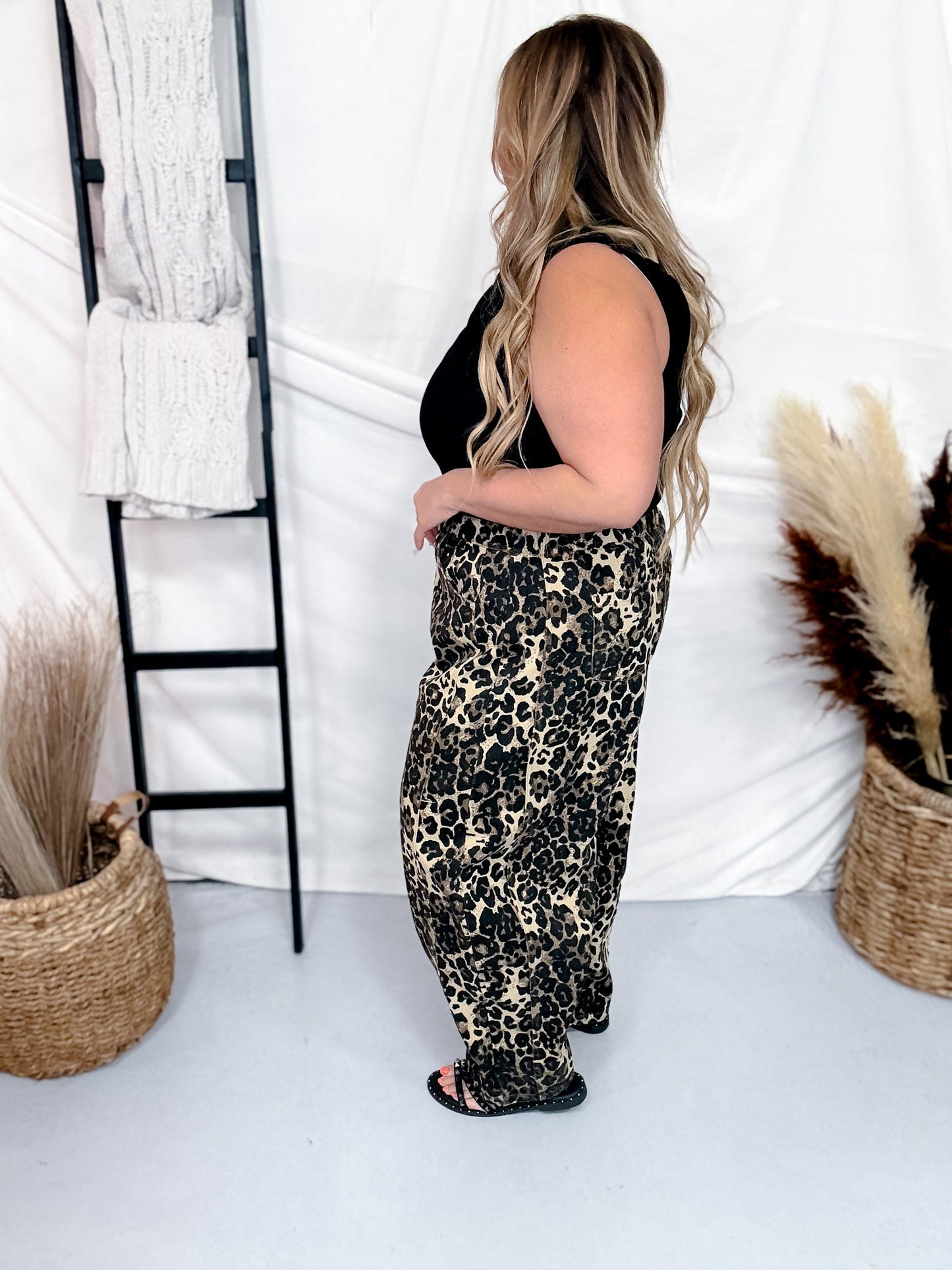 Washed Leopard Printed Barrel Leg Jeans - Whiskey Skies - ODDI