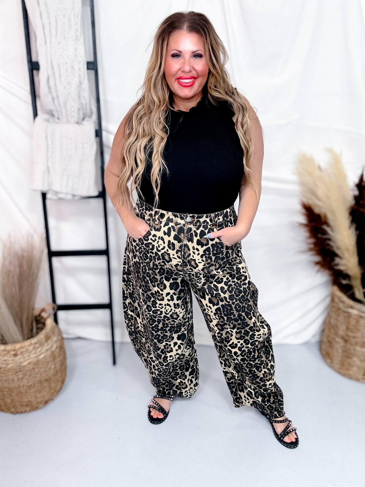 Washed Leopard Printed Barrel Leg Jeans - Whiskey Skies - ODDI