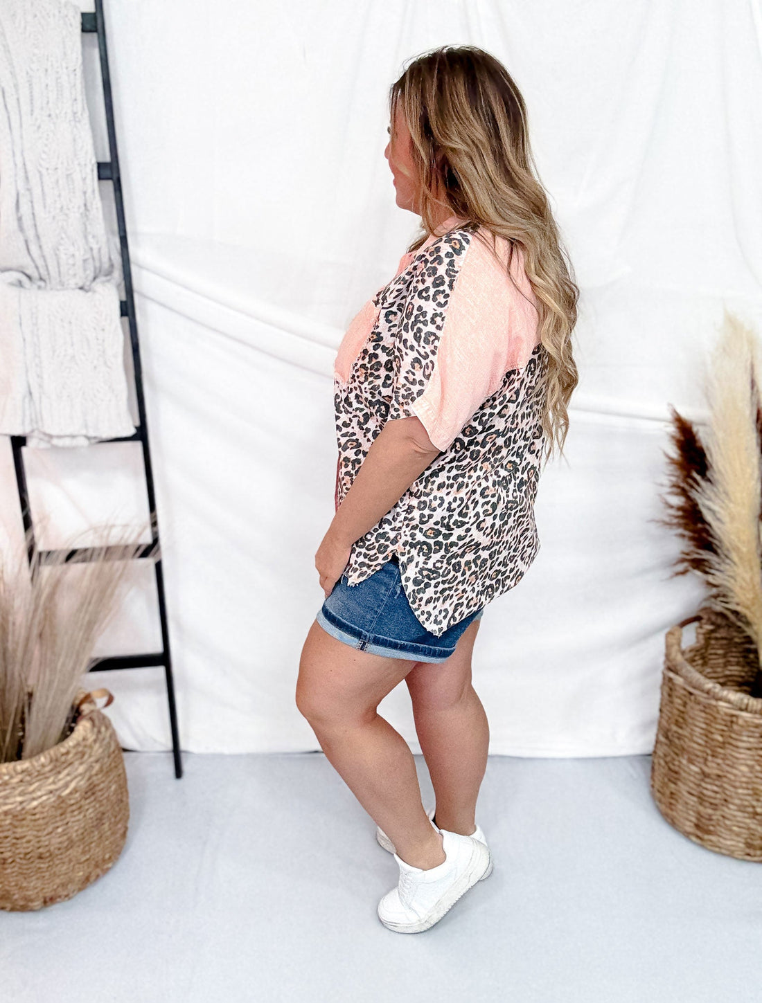 Washed Leopard & Woven Mixed Button Down Short Sleeve Top - Whiskey Skies - BIBI