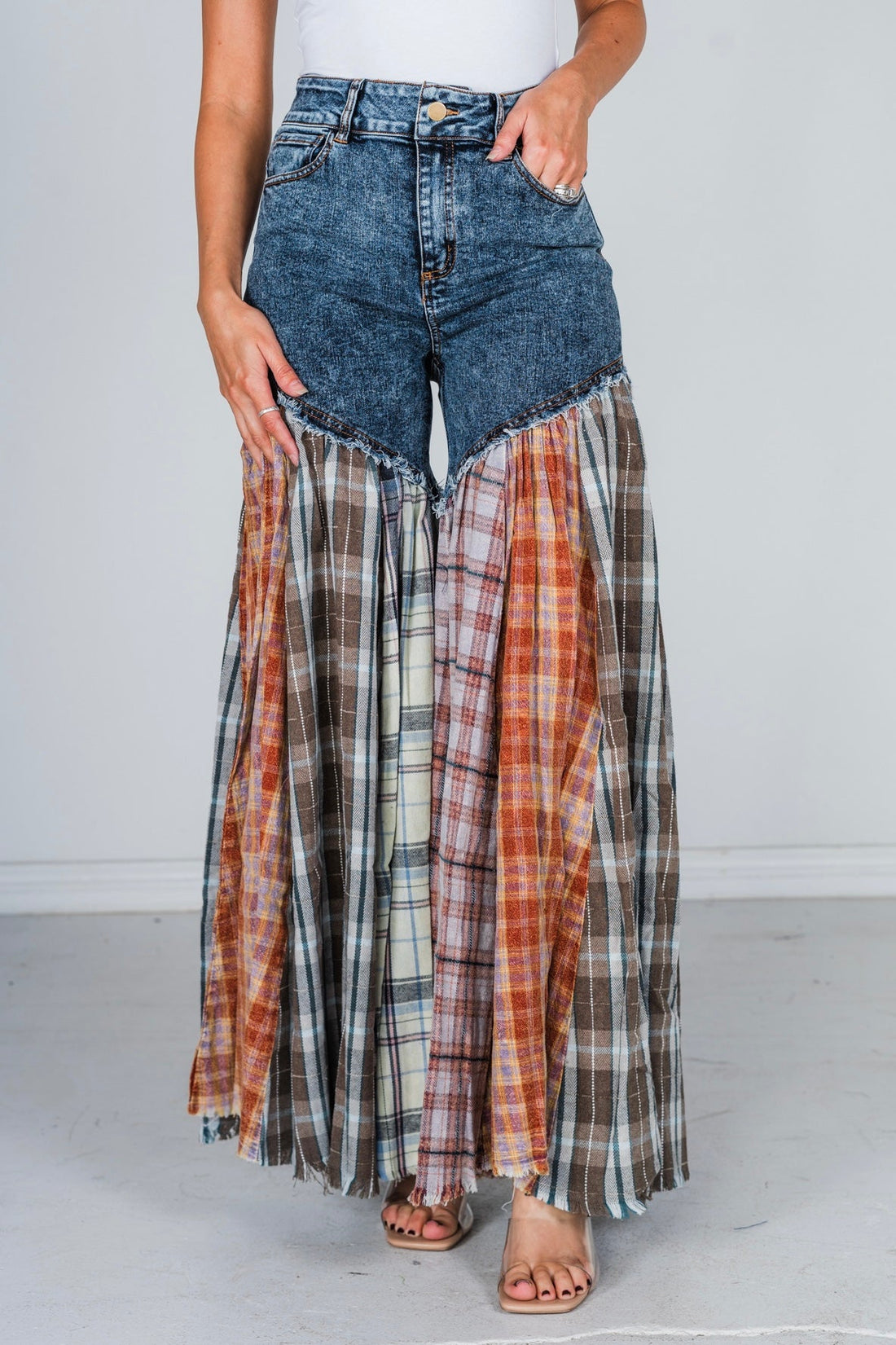 Washed Patchwork Flared Pants - Whiskey Skies - OLI & HALI