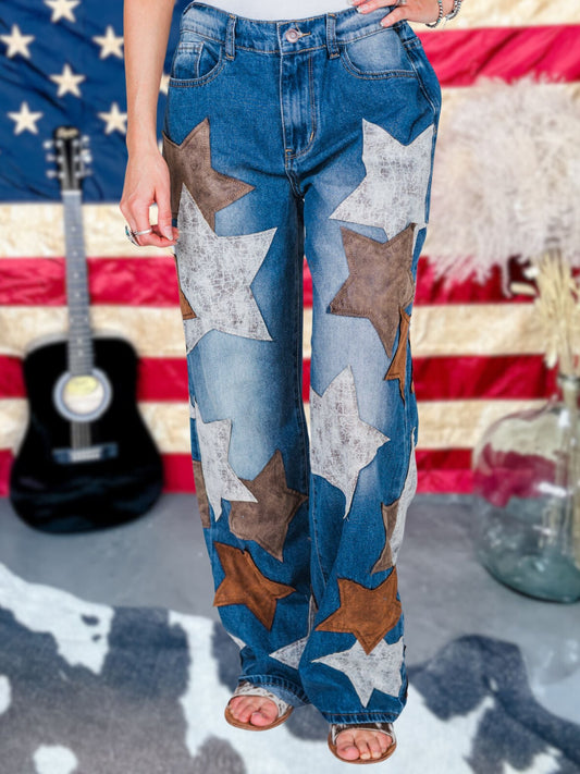 Washed Pu Leather Star Patched Jeans - Whiskey Skies - OLI & HALI