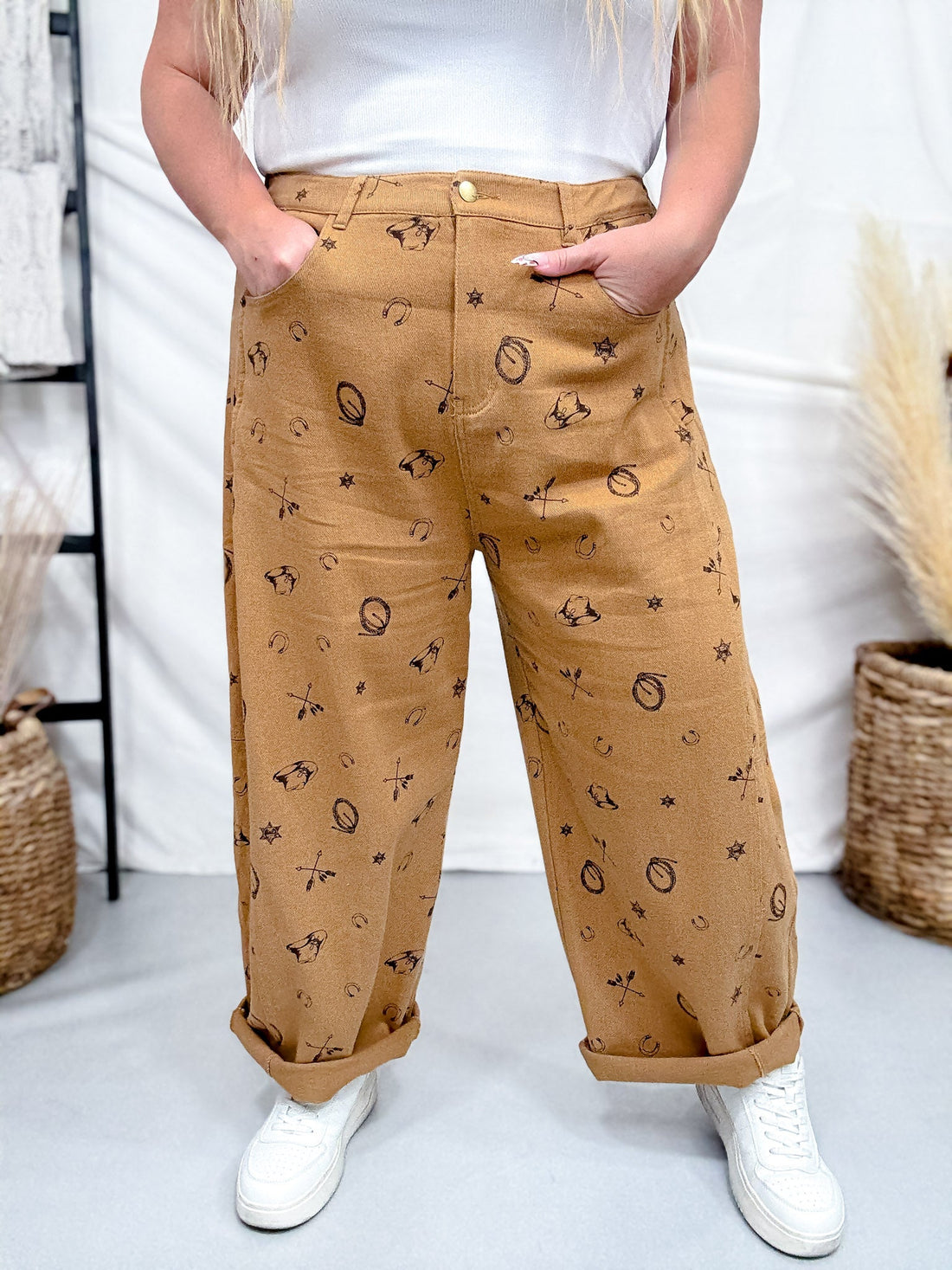 Washed Taupe Barrel Pants With Western Print - Whiskey Skies - ODDI