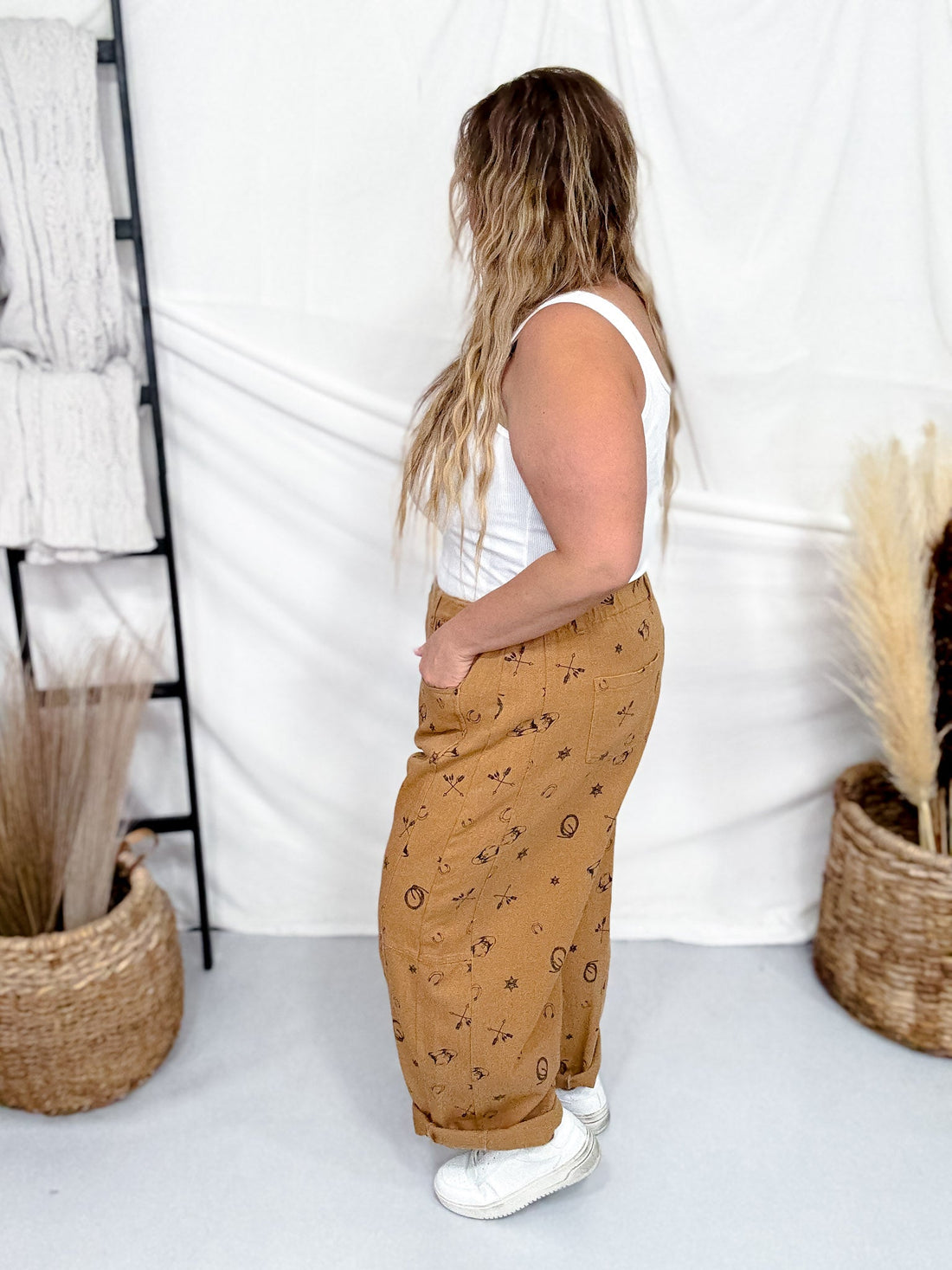 Washed Taupe Barrel Pants With Western Print - Whiskey Skies - ODDI