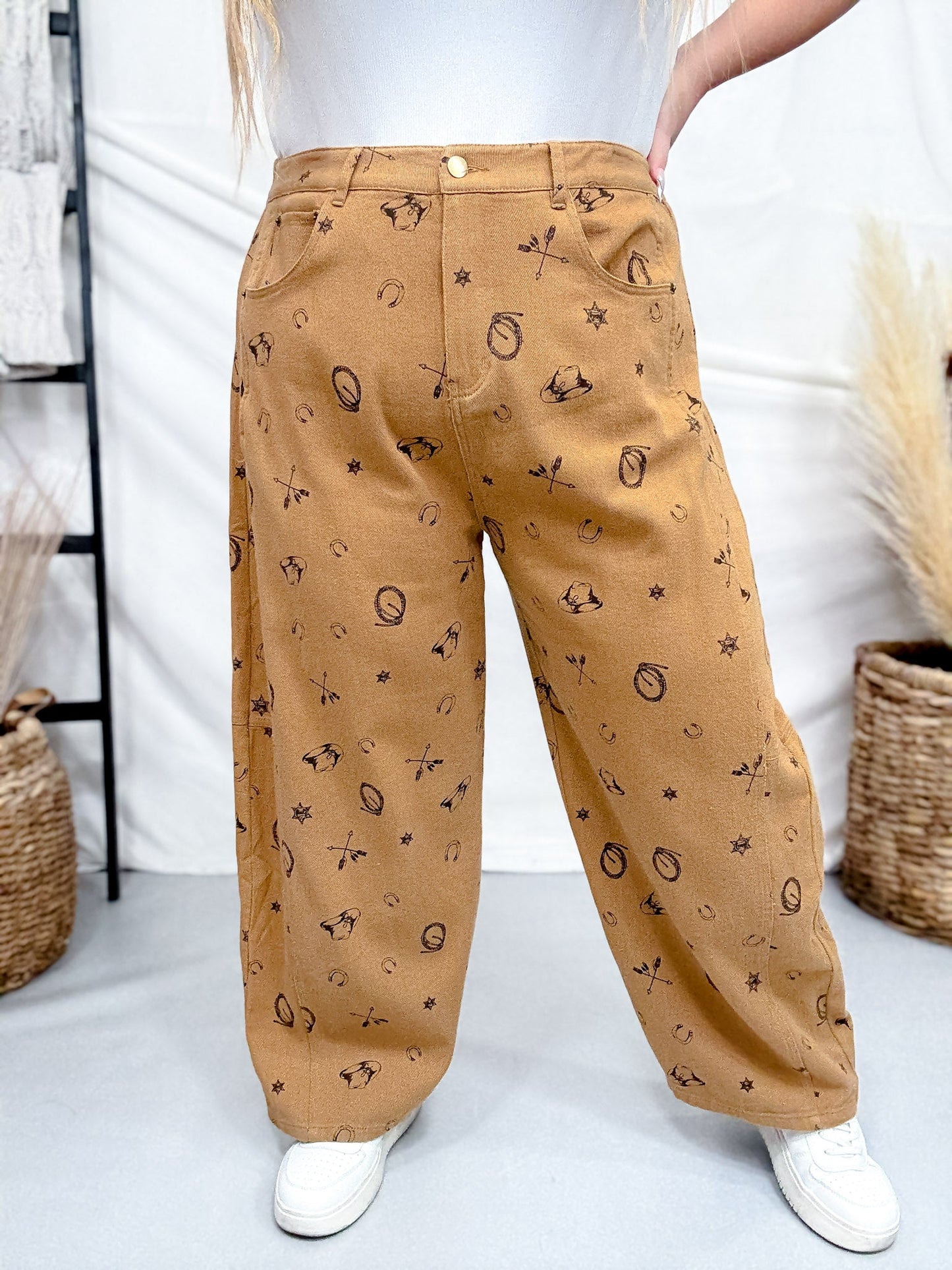 Washed Taupe Barrel Pants With Western Print - Whiskey Skies - ODDI