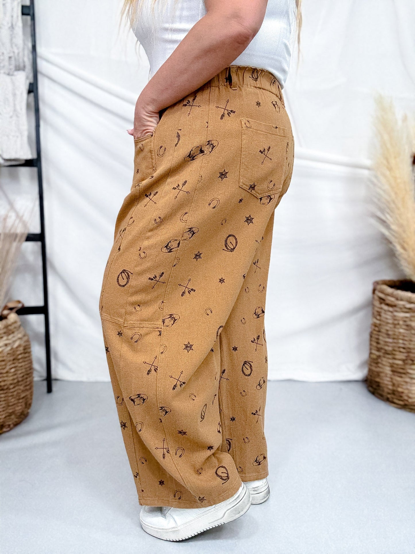 Washed Taupe Barrel Pants With Western Print - Whiskey Skies - ODDI