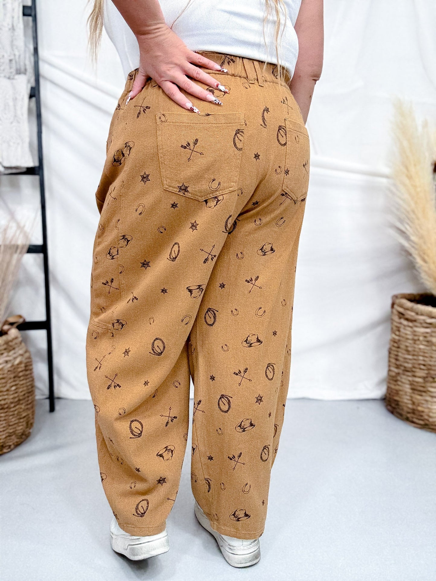 Washed Taupe Barrel Pants With Western Print - Whiskey Skies - ODDI