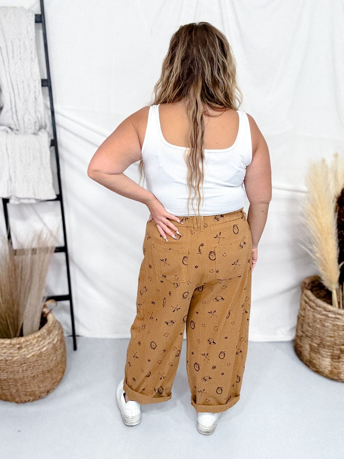 Washed Taupe Barrel Pants With Western Print - Whiskey Skies - ODDI