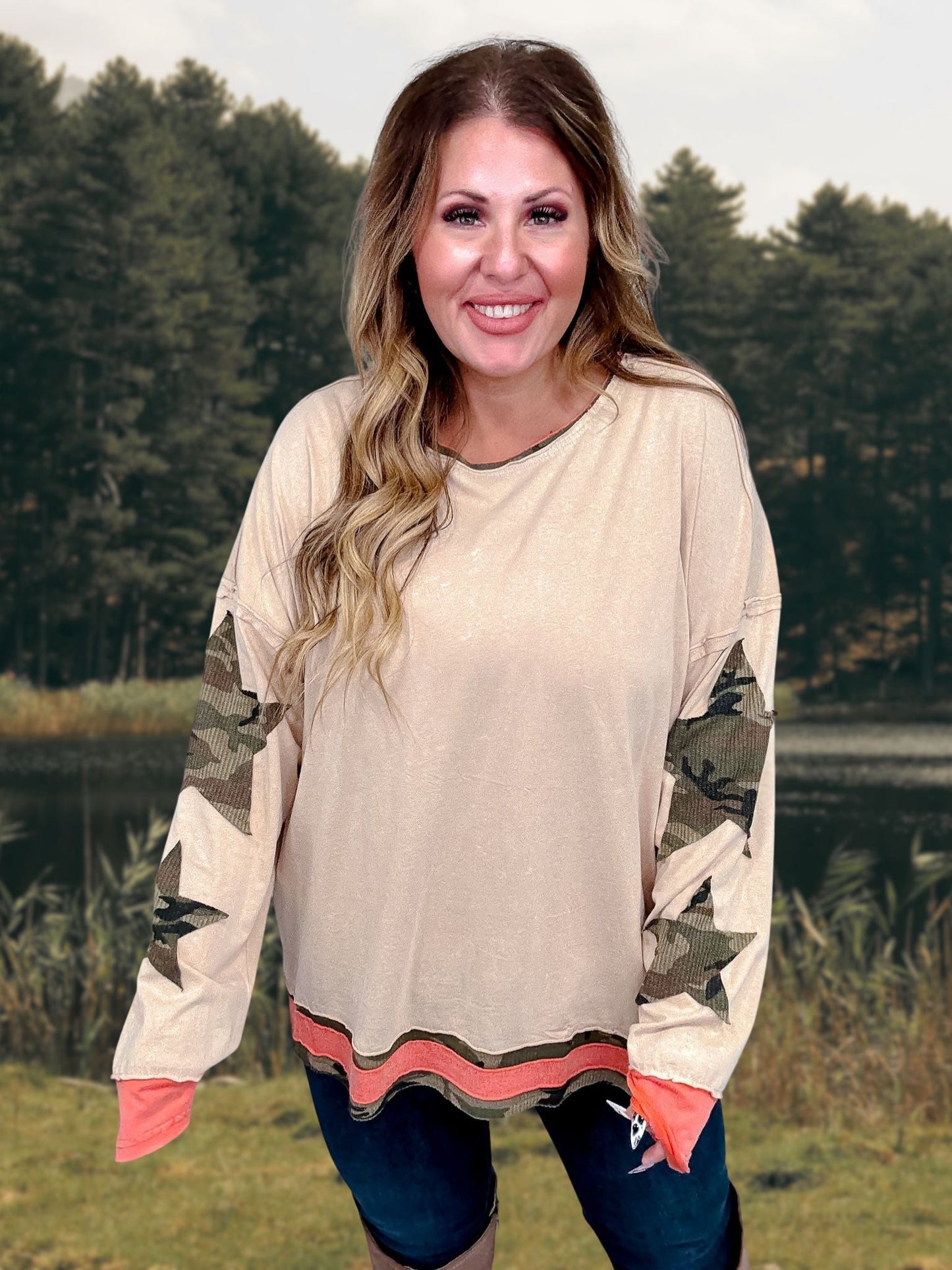 Washed Taupe Colorblock Top With Camo Star Patches FINAL SALE - Whiskey Skies - ODDI