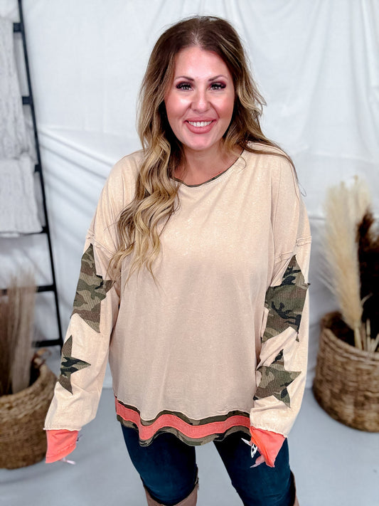 Washed Taupe Colorblock Top With Camo Star Patches - Whiskey Skies - ODDI
