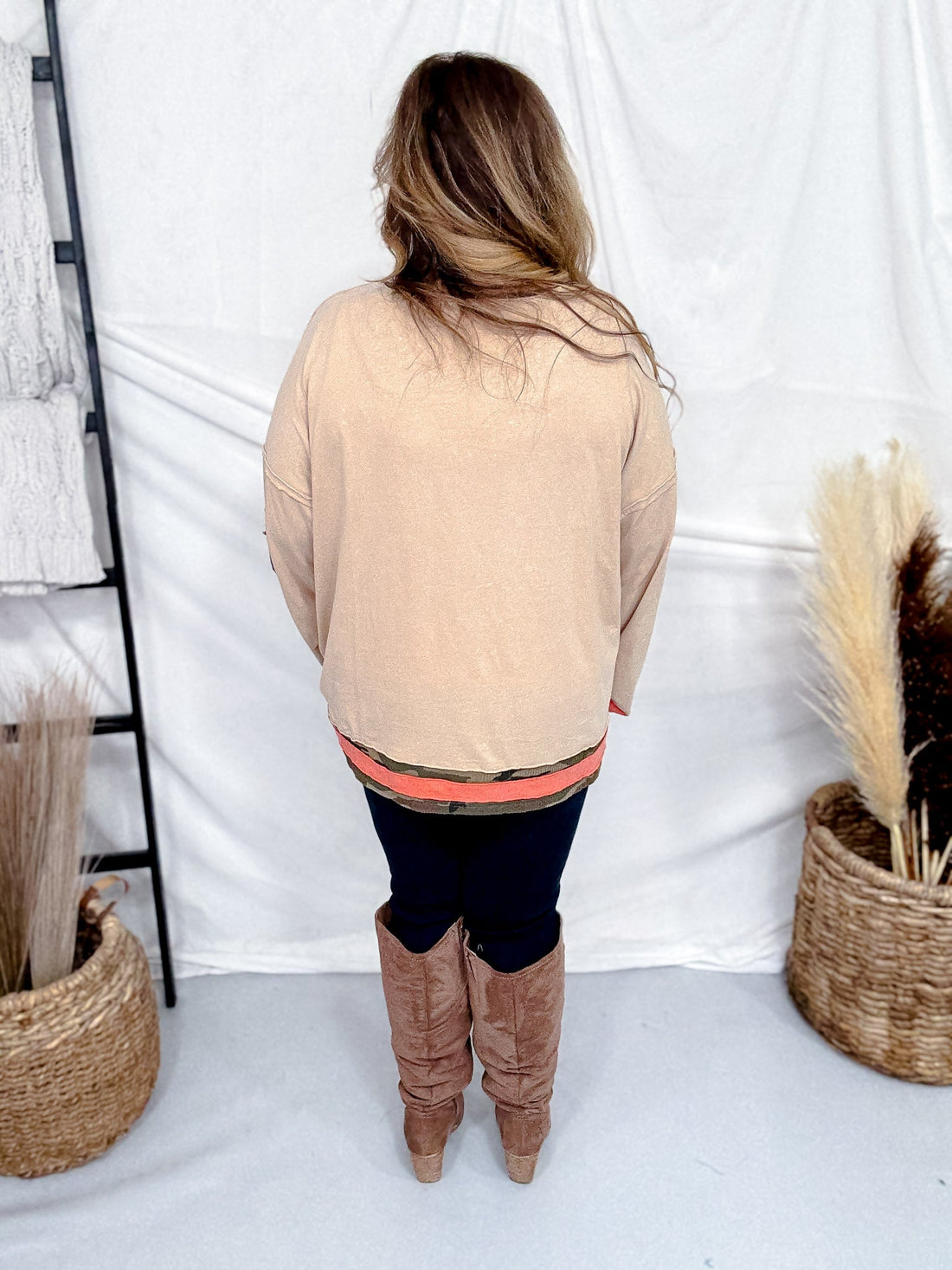 Washed Taupe Colorblock Top With Camo Star Patches - Whiskey Skies - ODDI