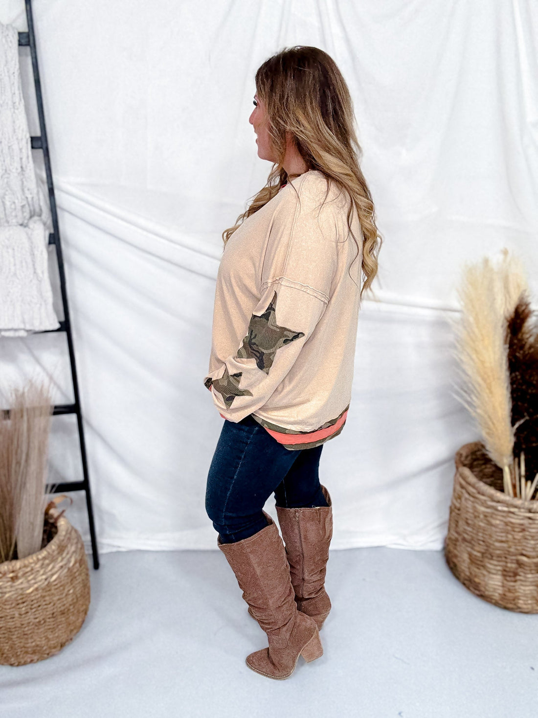 Washed Taupe Colorblock Top With Camo Star Patches - Whiskey Skies - ODDI