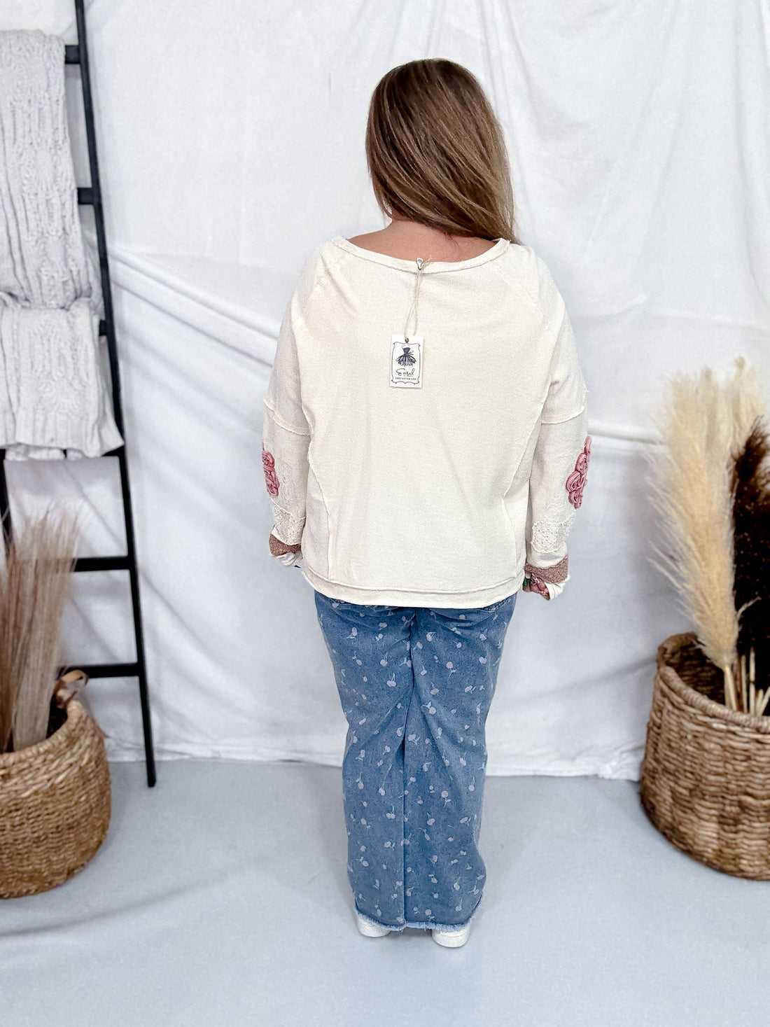 Washed Terry Pullover With Lace & Floral Embellishments in Cream - Whiskey Skies - EASEL