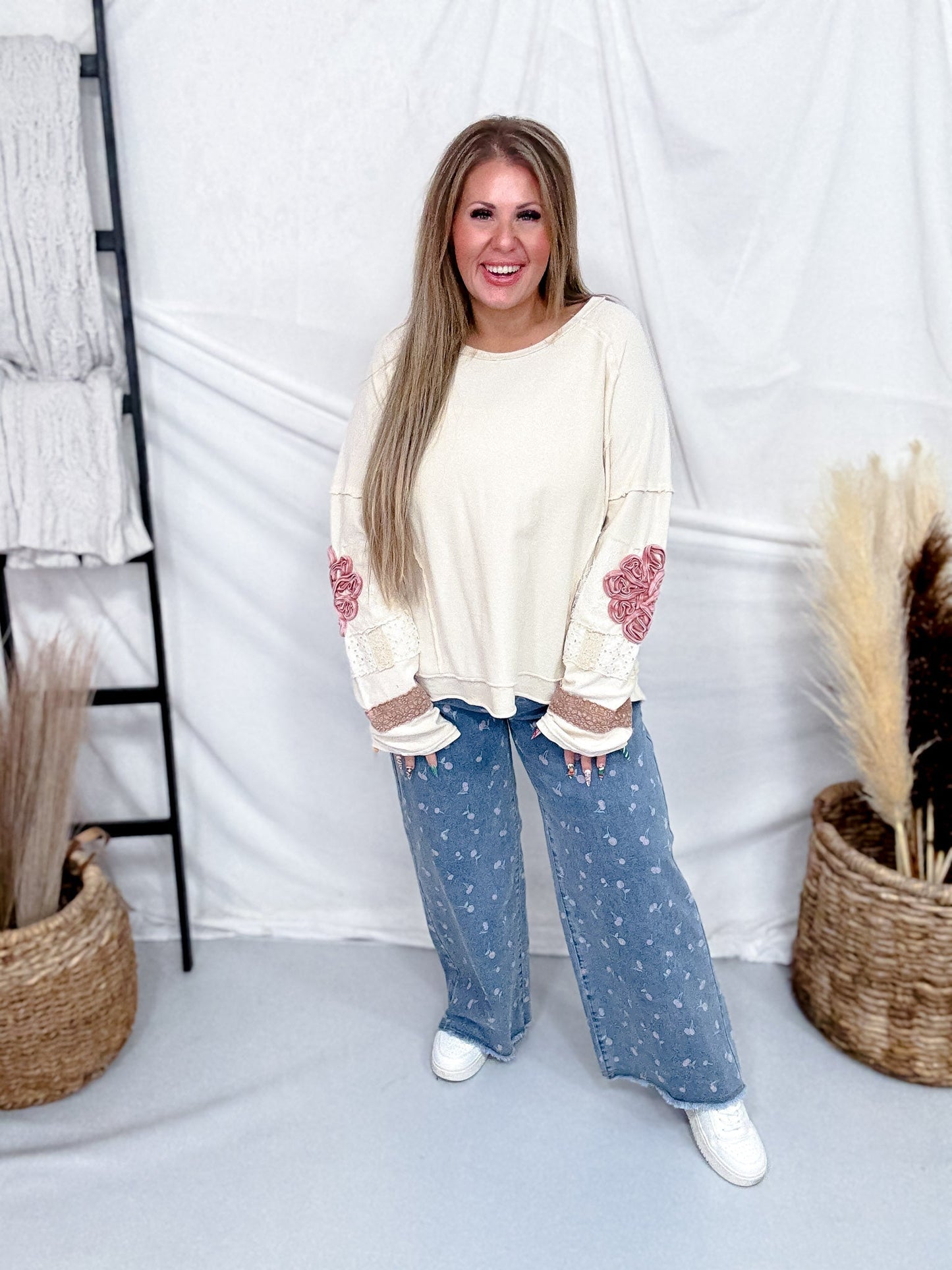 Washed Terry Pullover With Lace & Floral Embellishments in Cream - Whiskey Skies - EASEL