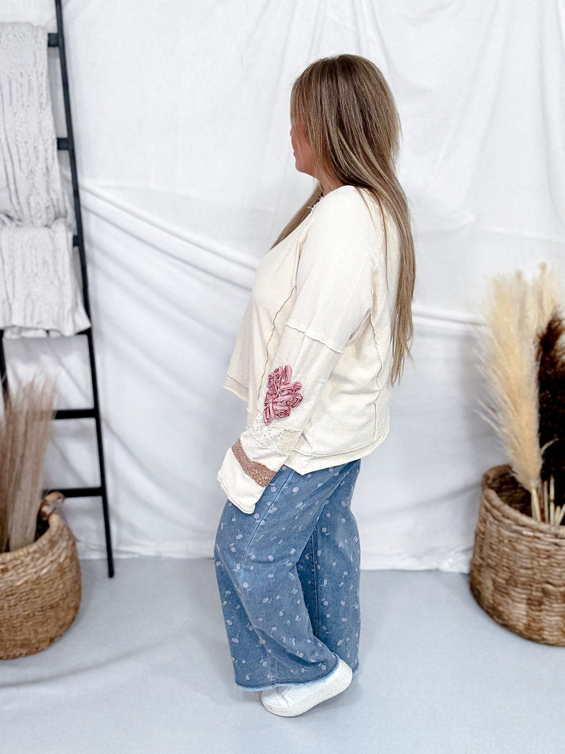 Washed Terry Pullover With Lace & Floral Embellishments in Cream - Whiskey Skies - EASEL