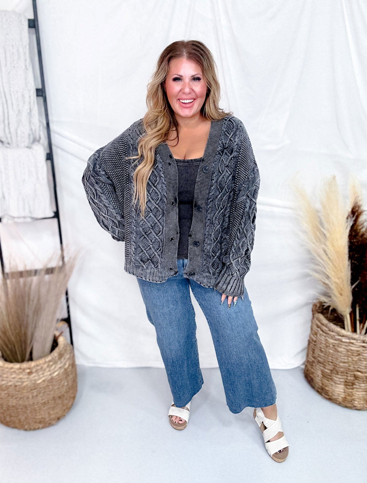 Washed Vintage Cable Knit Charcoal Cardigan - Whiskey Skies - SWEET GENERIS