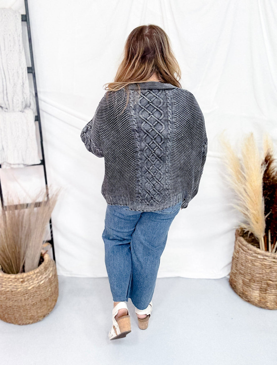 Washed Vintage Cable Knit Charcoal Cardigan - Whiskey Skies - SWEET GENERIS