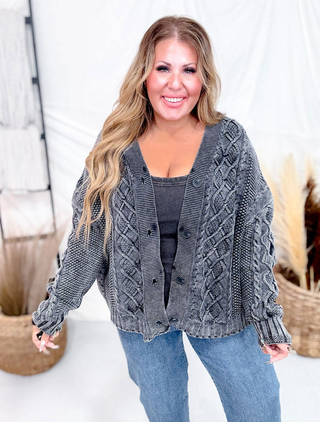 Washed Vintage Cable Knit Charcoal Cardigan - Whiskey Skies - SWEET GENERIS