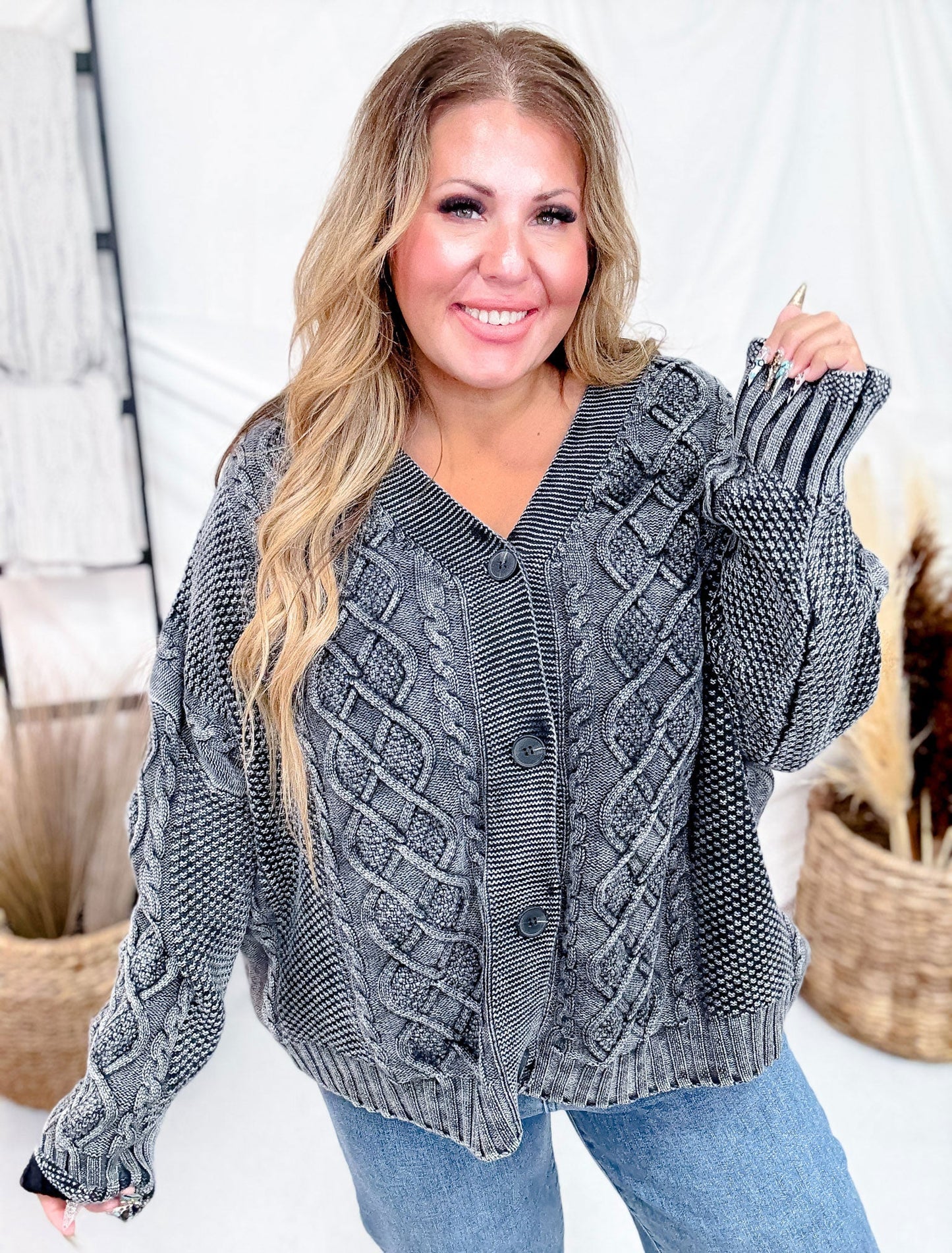 Washed Vintage Cable Knit Charcoal Cardigan - Whiskey Skies - SWEET GENERIS