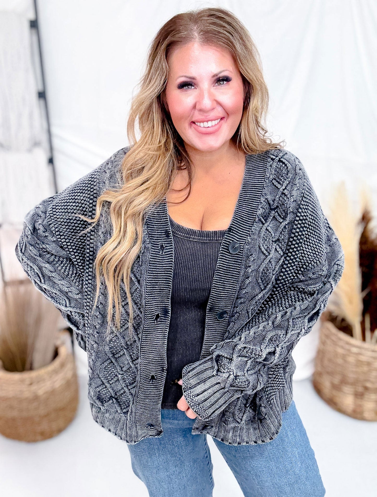 Washed Vintage Cable Knit Charcoal Cardigan - Whiskey Skies - SWEET GENERIS