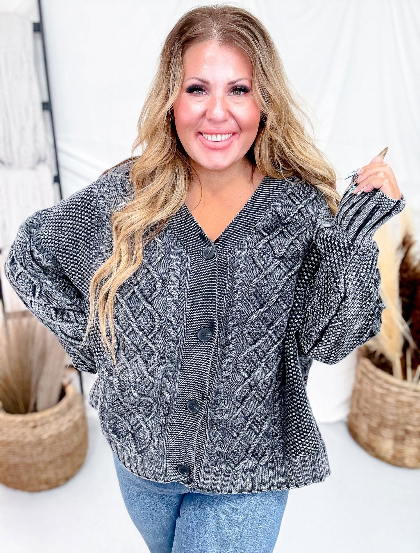 Washed Vintage Cable Knit Charcoal Cardigan - Whiskey Skies - SWEET GENERIS