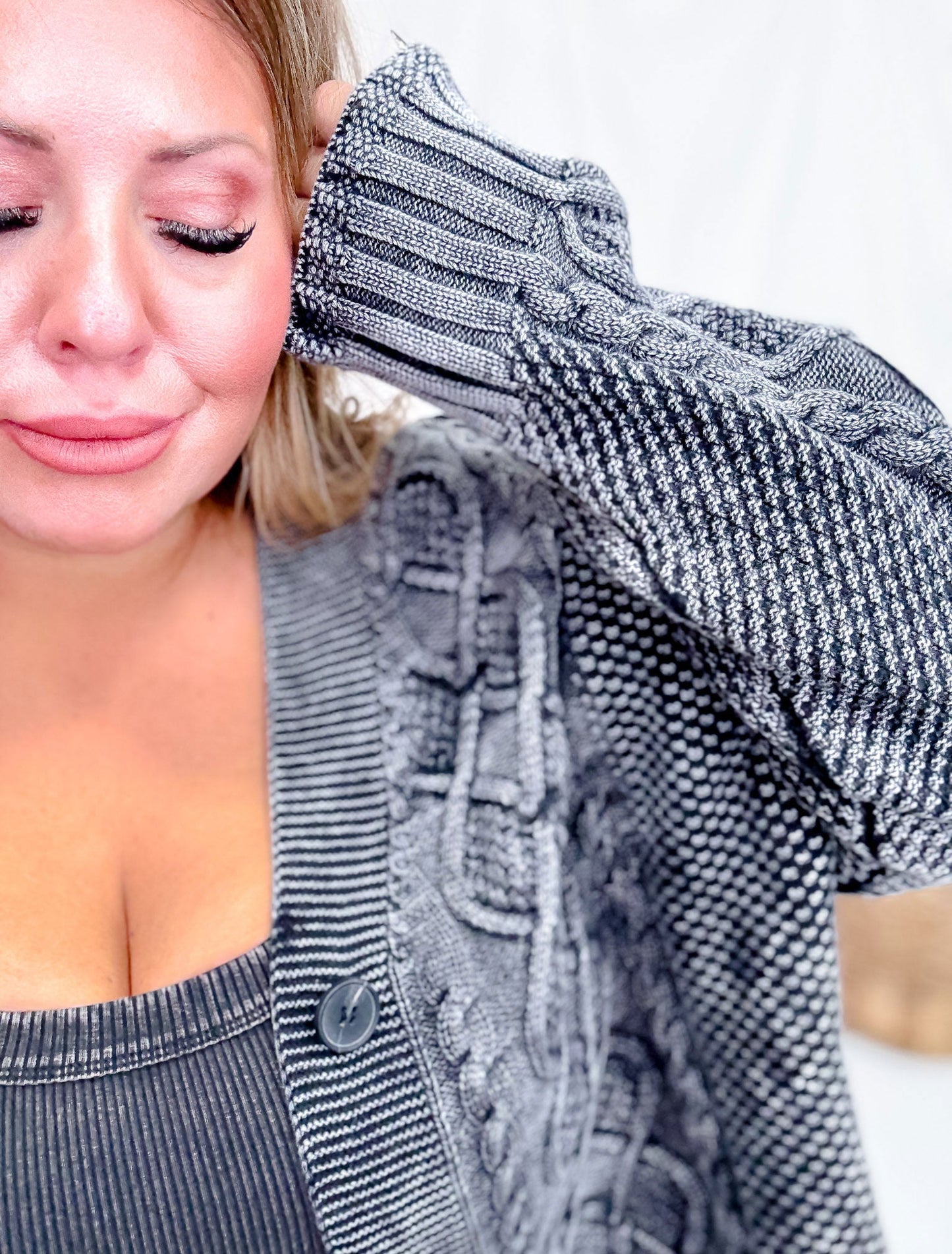 Washed Vintage Cable Knit Charcoal Cardigan - Whiskey Skies - SWEET GENERIS