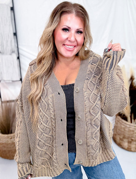 Washed Vintage Cable Knit Taupe Cardigan - Whiskey Skies - SWEET GENERIS