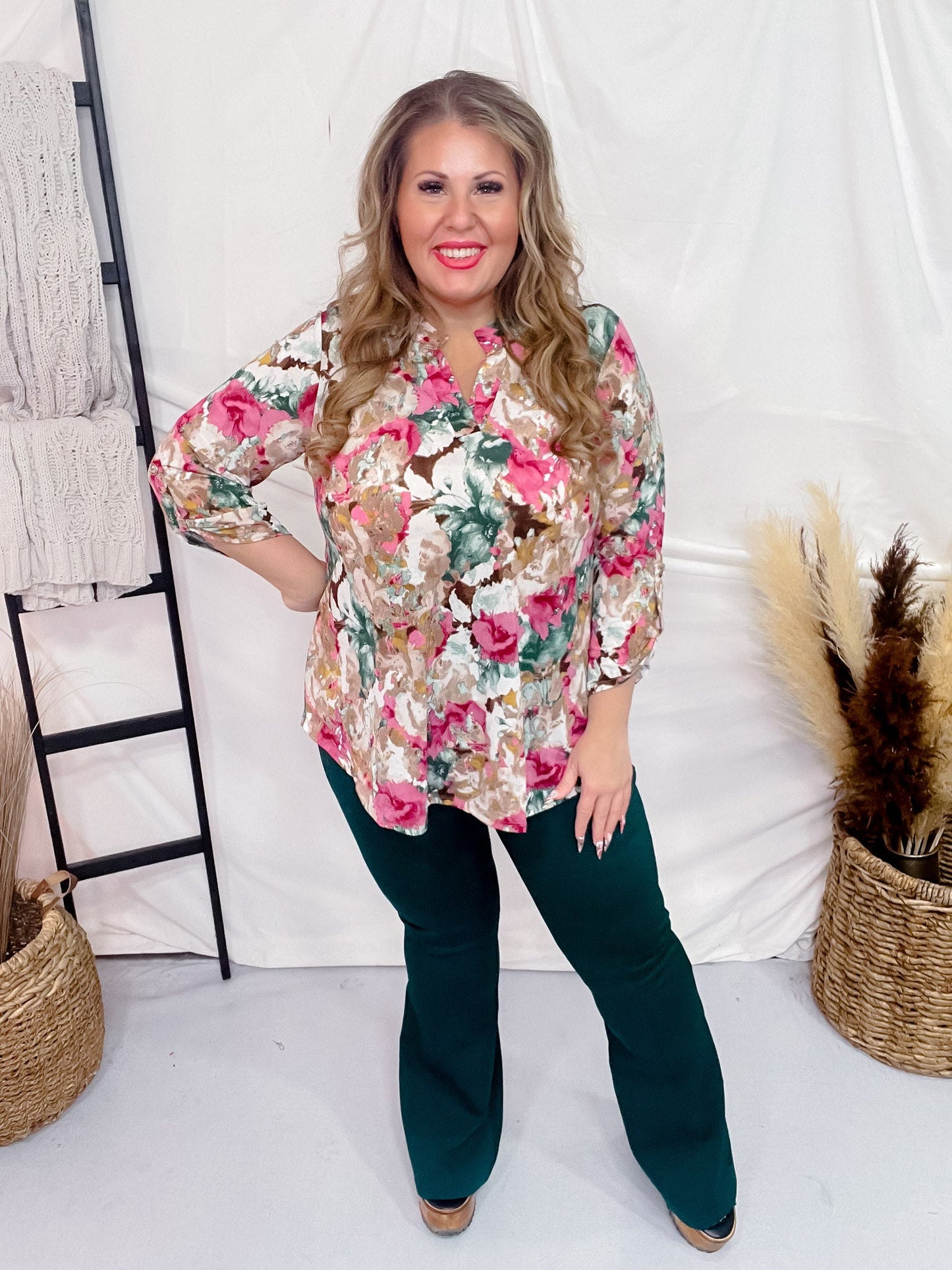 Watercolor Floral 3/4 Sleeve Lizzy Top - Whiskey Skies - DEAR SCARLETT