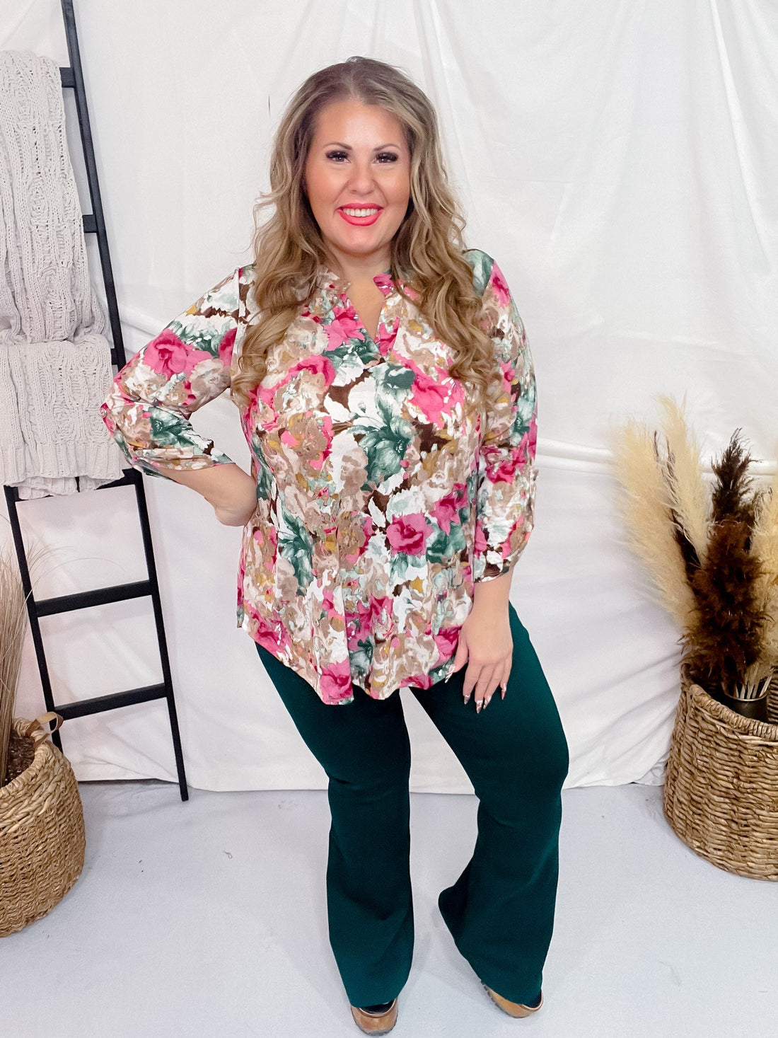 Watercolor Floral 3/4 Sleeve Lizzy Top - Whiskey Skies - DEAR SCARLETT