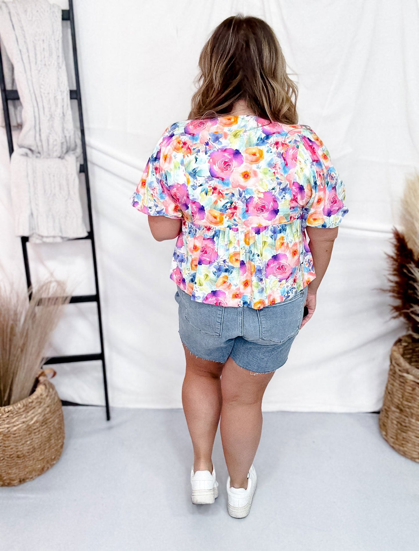 Watercolor Floral Print Tie Front Top With Balloon Sleeves - Whiskey Skies - BIBI
