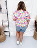 Watercolor Floral Print Tie Front Top With Balloon Sleeves - Whiskey Skies - BIBI