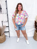 Watercolor Floral Print Tie Front Top With Balloon Sleeves - Whiskey Skies - BIBI