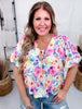 Watercolor Floral Print Tie Front Top With Balloon Sleeves - Whiskey Skies - BIBI