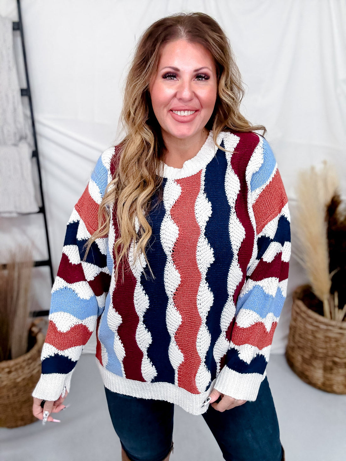 Wavy Pattern Multi Color Long Sleeve Sweater Top - Whiskey Skies - J.NNA