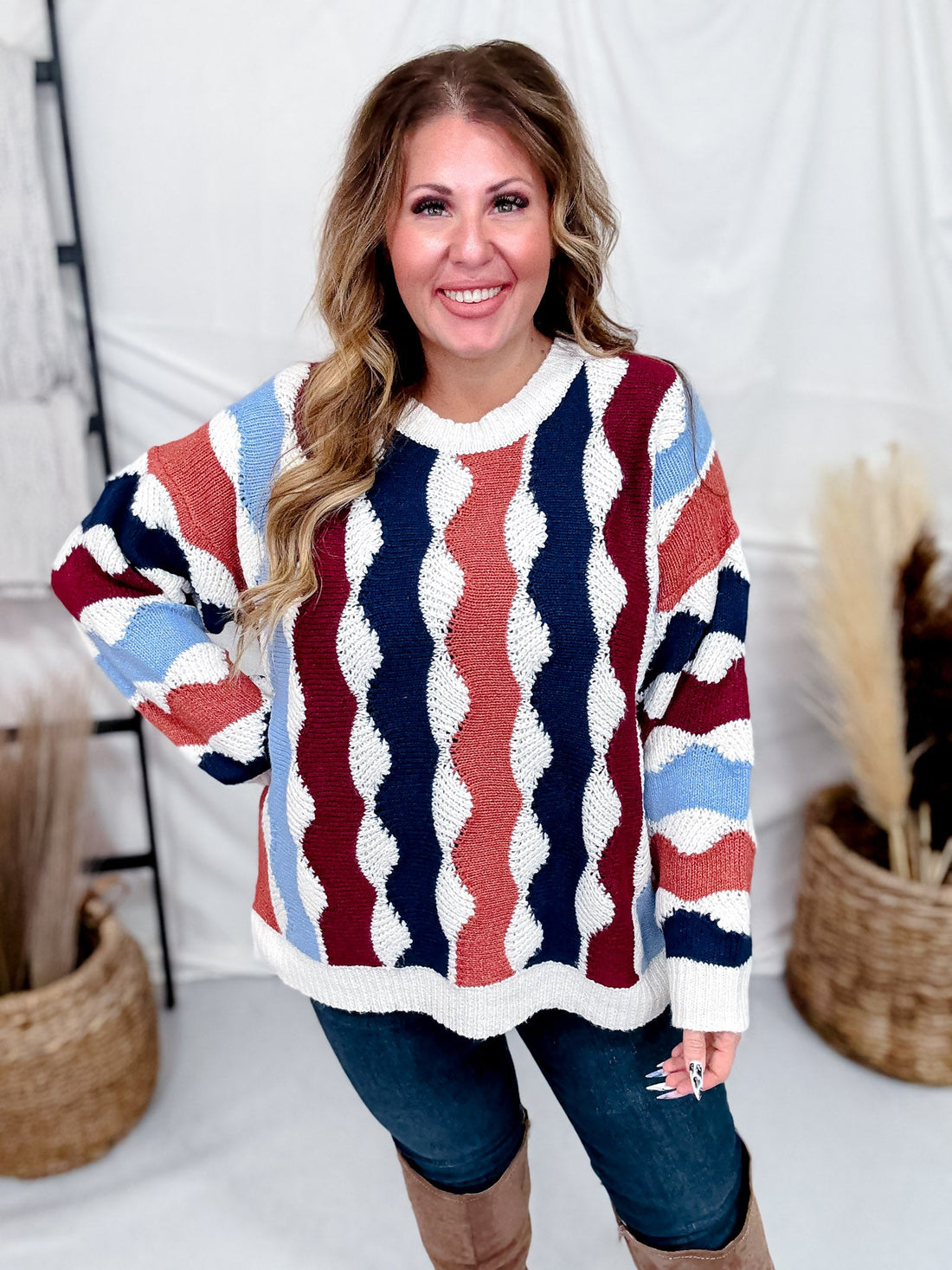 Wavy Pattern Multi Color Long Sleeve Sweater Top - Whiskey Skies - J.NNA